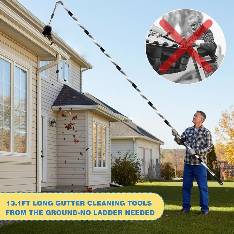 Krbnk 13FT Gutter Cleaning Tool from The Ground, No Ladder Needed - Adjustable Length Gutter Cleaner Pole with 180° Pivoting Head, Replaceable Brush & Shovel for Leaves, Debris - Image 5